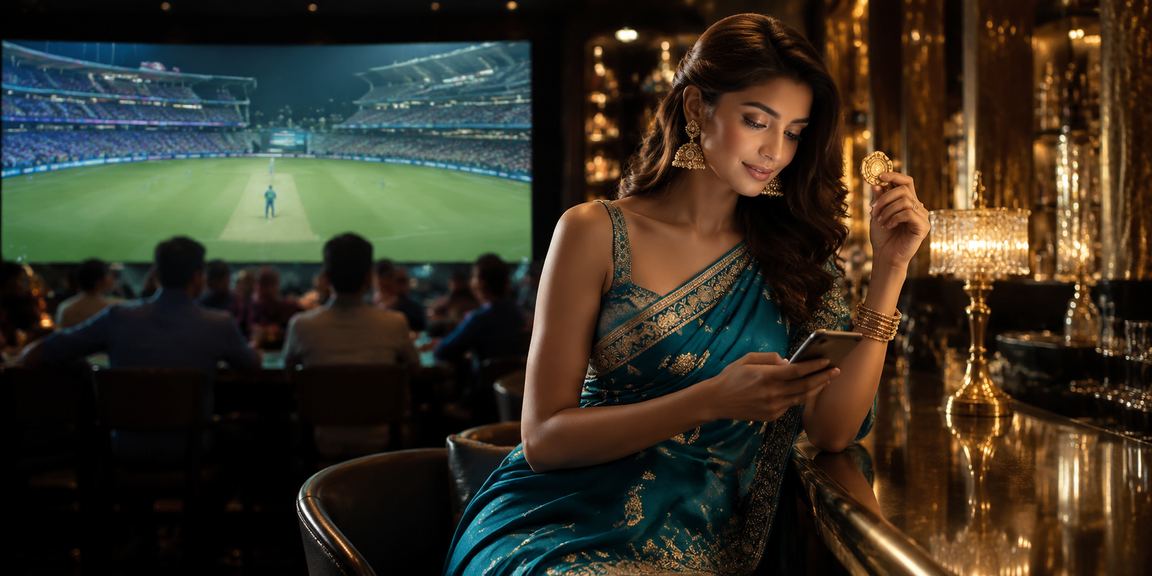 Woman placing cricket bets in traditional saree attire