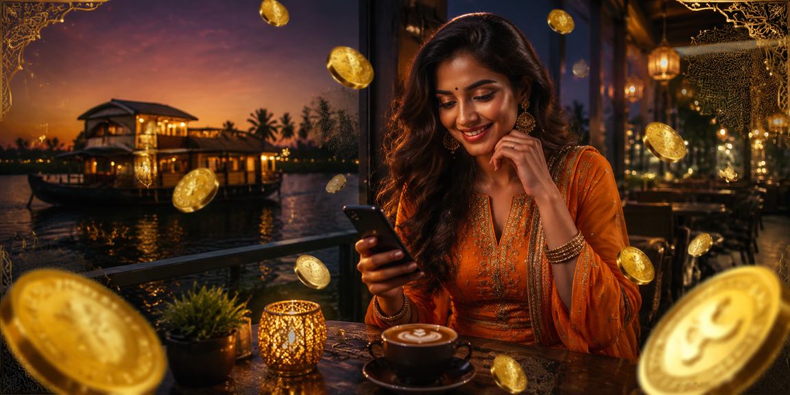 Women using mobile casino app in Kerala backwaters setting